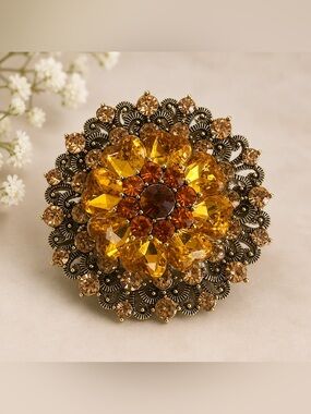 Gold Amber Crystal Floral Brooch - Women Jewelry